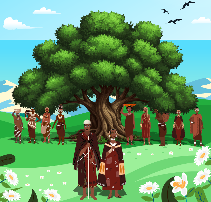 The image displays a man and a woman with nine daughters standing behind under a tree